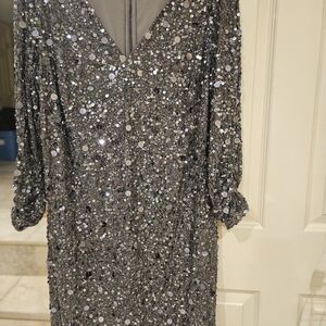 Aidan Mattox Silver Sequin Long Sleeve Dress